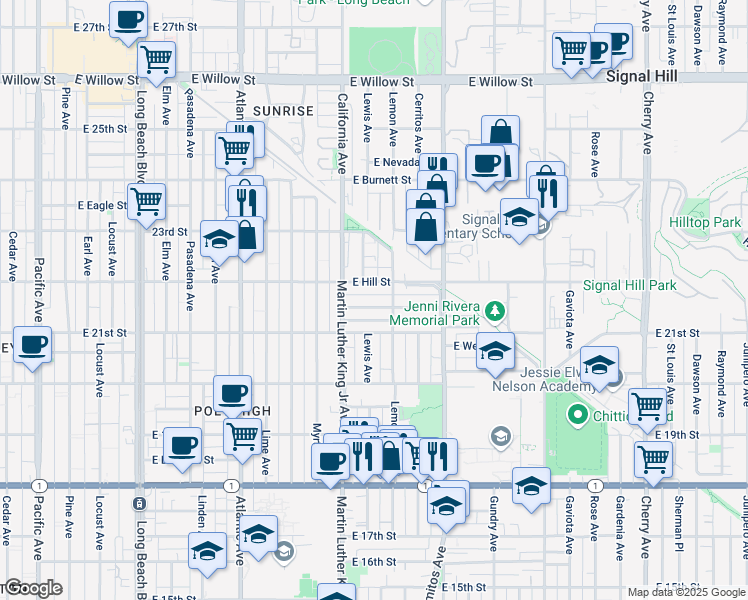 map of restaurants, bars, coffee shops, grocery stores, and more near 1051 East Salt Lake Street in Long Beach