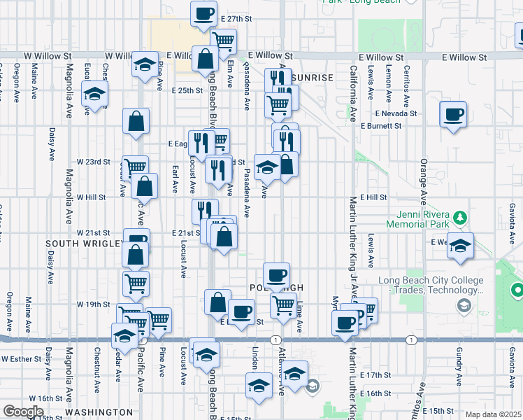 map of restaurants, bars, coffee shops, grocery stores, and more near 2161 Linden Avenue in Long Beach