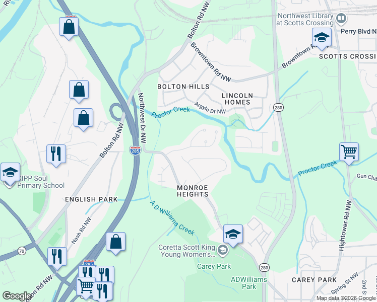 map of restaurants, bars, coffee shops, grocery stores, and more near 2822 Glenlocke Circle Northwest in Atlanta