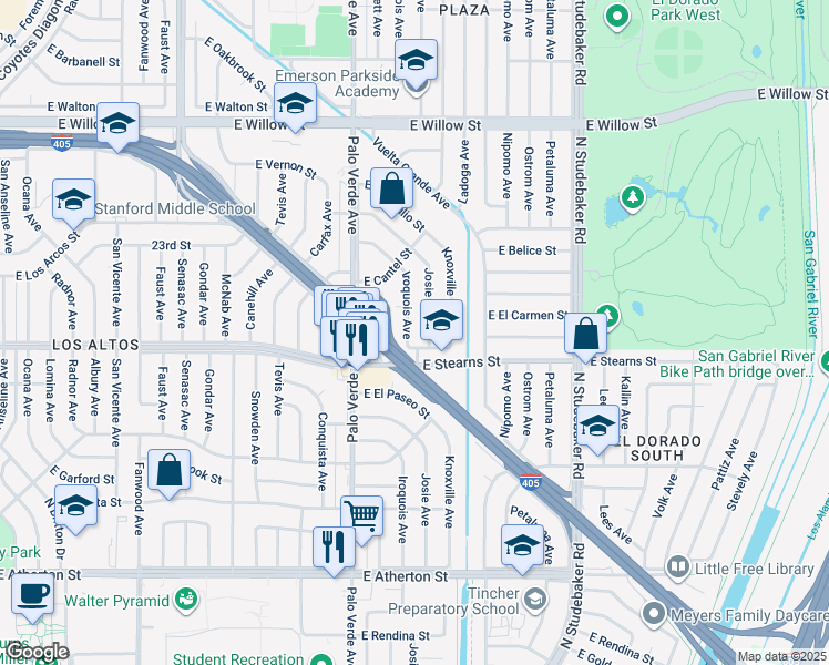 map of restaurants, bars, coffee shops, grocery stores, and more near 2214 Iroquois Avenue in Long Beach