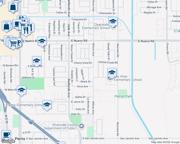 map of restaurants, bars, coffee shops, grocery stores, and more near 1187 White Tip Lane in Perris