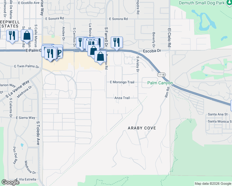 map of restaurants, bars, coffee shops, grocery stores, and more near 1965 Rancho Vista Trail in Palm Springs