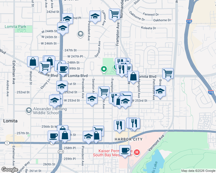 map of restaurants, bars, coffee shops, grocery stores, and more near 1344 251st Street in Los Angeles