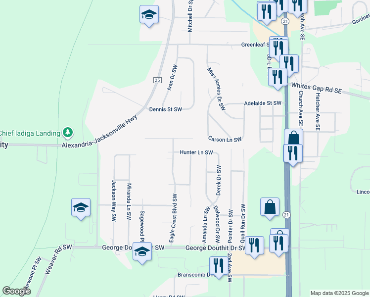 map of restaurants, bars, coffee shops, grocery stores, and more near 603 Hunter Lane Southwest in Jacksonville
