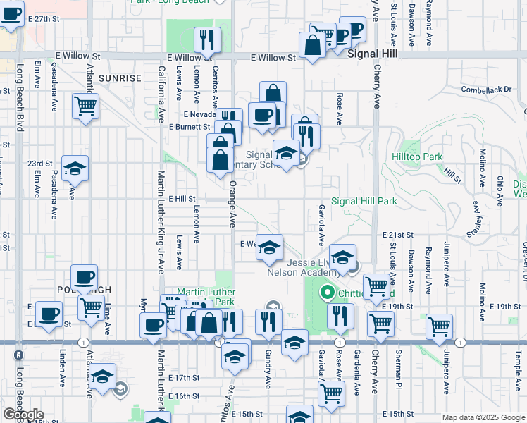 map of restaurants, bars, coffee shops, grocery stores, and more near 1440 East Hill Street in Signal Hill