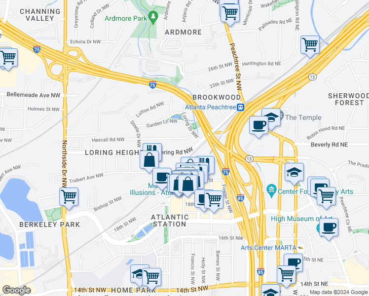map of restaurants, bars, coffee shops, grocery stores, and more near 297 Deering Road Northwest in Atlanta