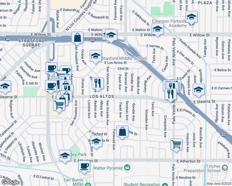 map of restaurants, bars, coffee shops, grocery stores, and more near 2206 Fanwood Avenue in Long Beach