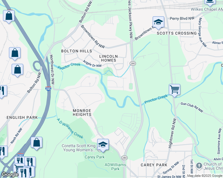 map of restaurants, bars, coffee shops, grocery stores, and more near 2913 Delray Drive Northwest in Atlanta