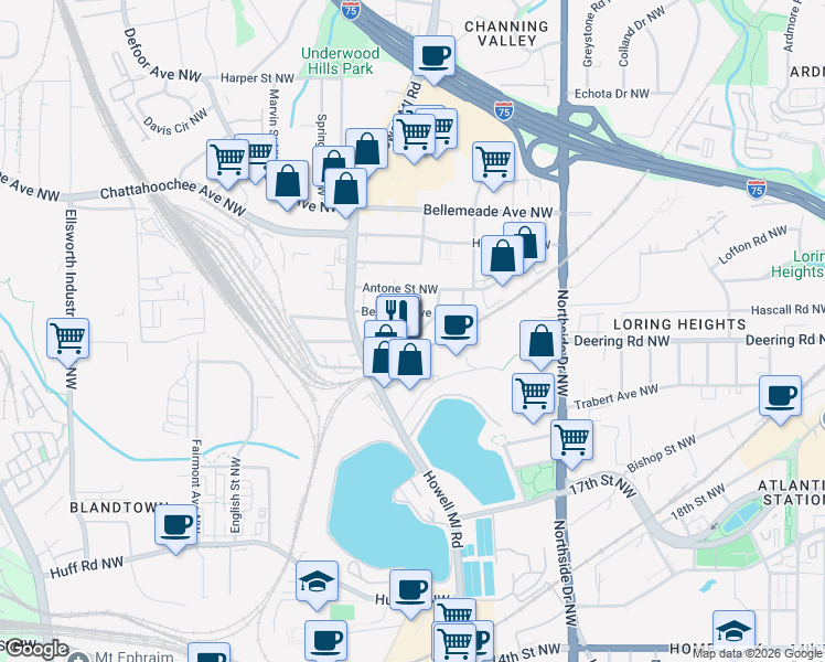 map of restaurants, bars, coffee shops, grocery stores, and more near 777 Forrest Street Northwest in Atlanta