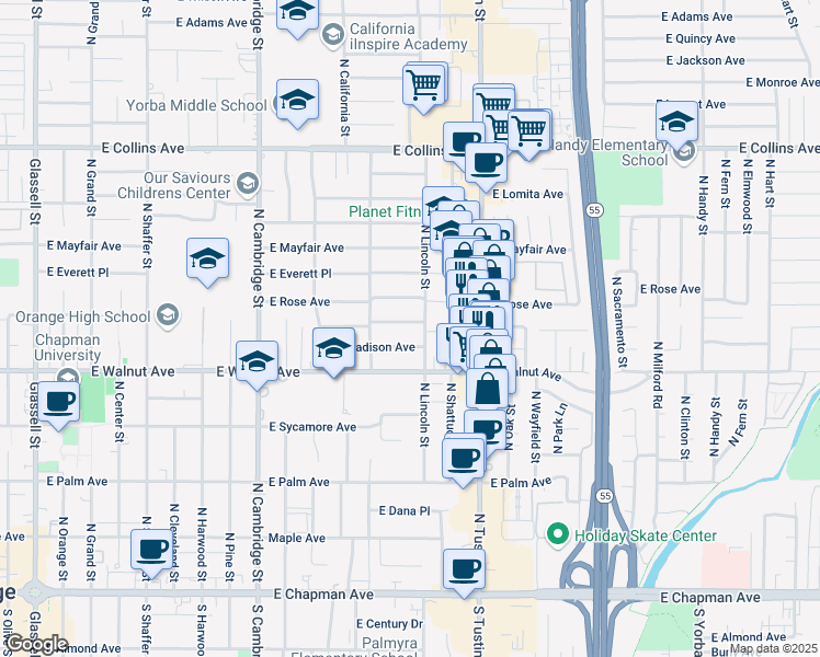 map of restaurants, bars, coffee shops, grocery stores, and more near 1420 East Orange Grove Avenue in Orange