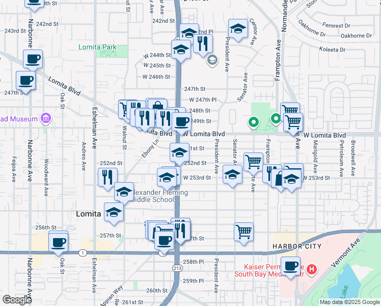 map of restaurants, bars, coffee shops, grocery stores, and more near 1666 251st Street in Harbor City