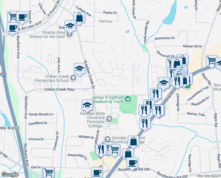 map of restaurants, bars, coffee shops, grocery stores, and more near 3816 Parklane Drive in Clarkston