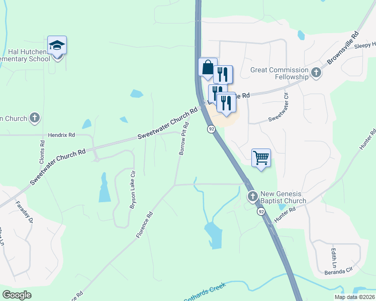 map of restaurants, bars, coffee shops, grocery stores, and more near 2200 Florence Road in Powder Springs