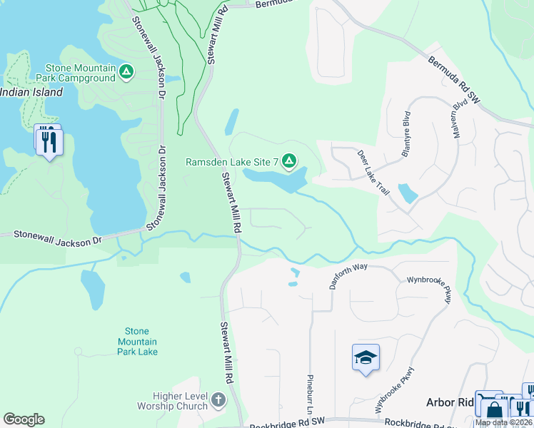 map of restaurants, bars, coffee shops, grocery stores, and more near 6665 Pine Valley Trace in Stone Mountain