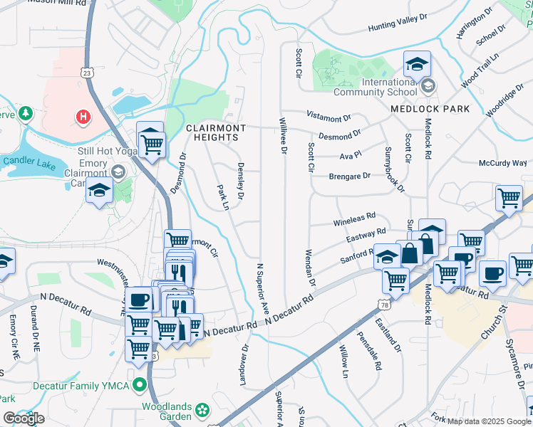 map of restaurants, bars, coffee shops, grocery stores, and more near 679 North Superior Avenue in Decatur