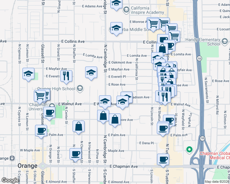 map of restaurants, bars, coffee shops, grocery stores, and more near 573 North Waverly Street in Orange