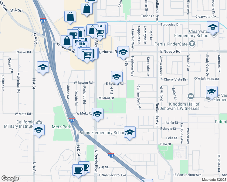 map of restaurants, bars, coffee shops, grocery stores, and more near 1051 North F Street in Perris