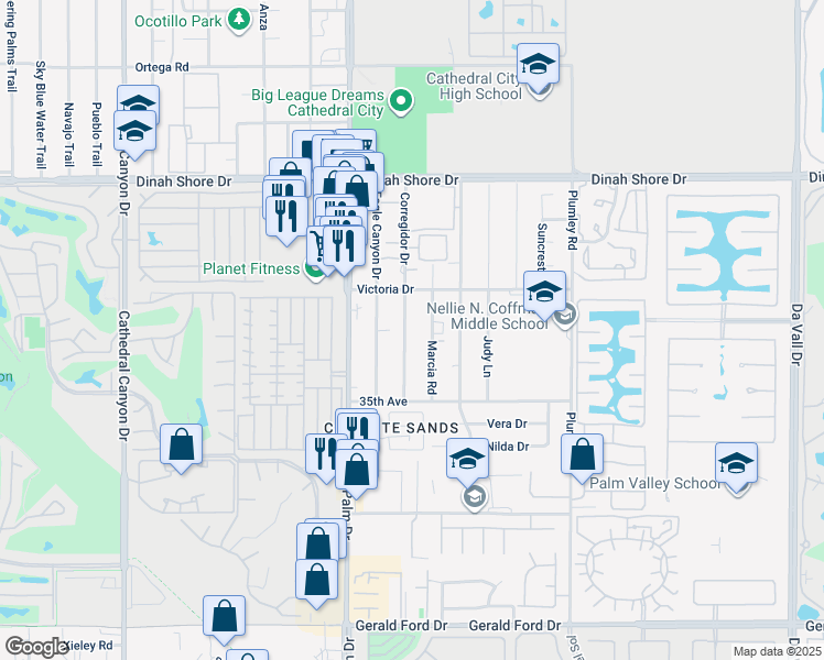 map of restaurants, bars, coffee shops, grocery stores, and more near 34650 Corregidor Drive in Cathedral City