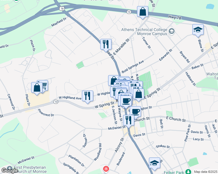 map of restaurants, bars, coffee shops, grocery stores, and more near 208 Jackson Street in Monroe
