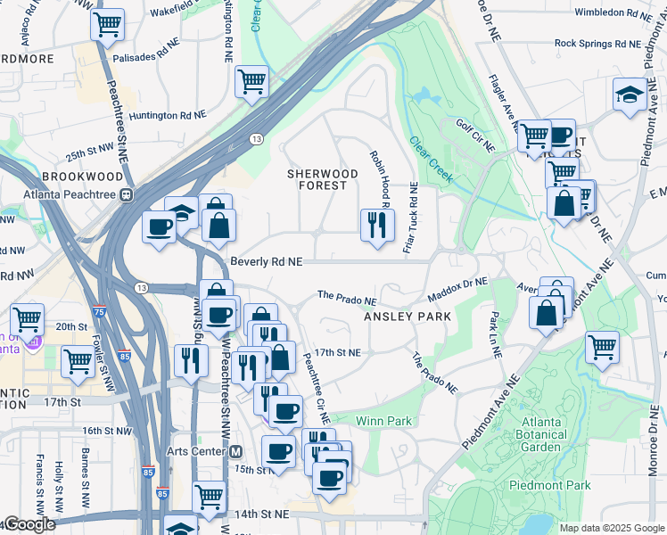 map of restaurants, bars, coffee shops, grocery stores, and more near 143 Beverly Road Northeast in Atlanta