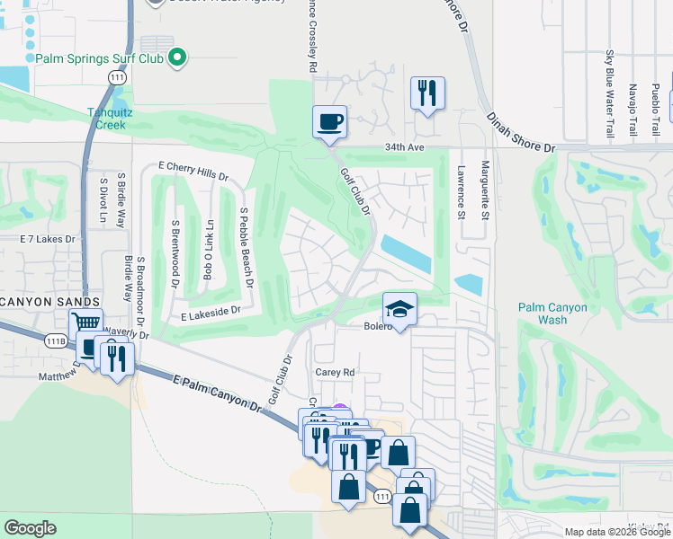 map of restaurants, bars, coffee shops, grocery stores, and more near 2396 Los Coyotes Drive in Palm Springs