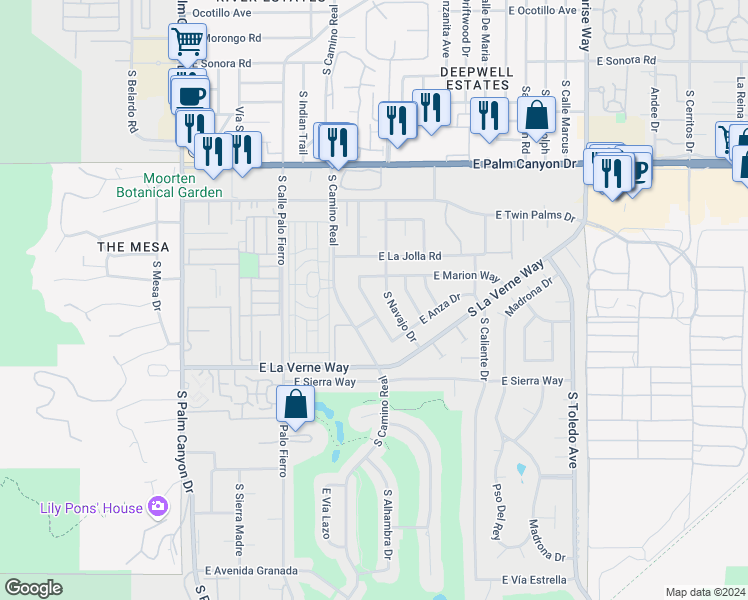 map of restaurants, bars, coffee shops, grocery stores, and more near 1969 South Joshua Tree Place in Palm Springs