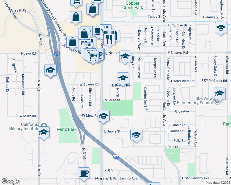 map of restaurants, bars, coffee shops, grocery stores, and more near 1051 North F Street in Perris