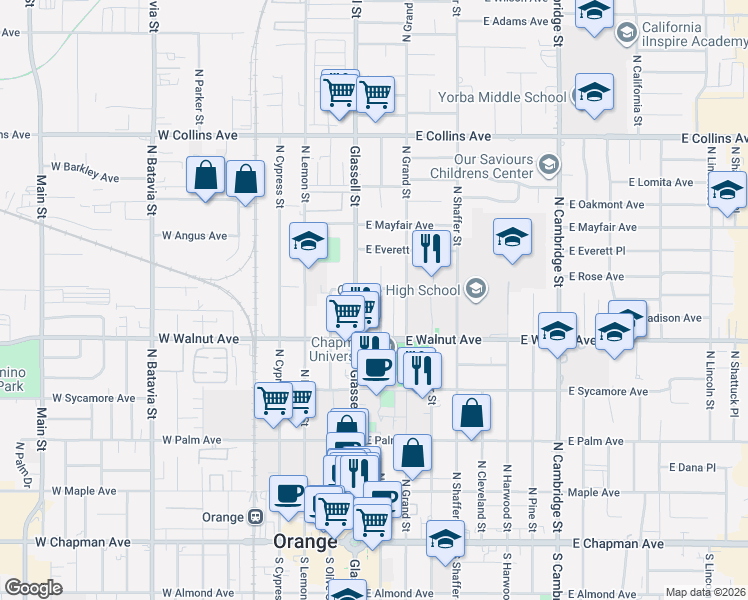 map of restaurants, bars, coffee shops, grocery stores, and more near 572 North Orange Street in Orange