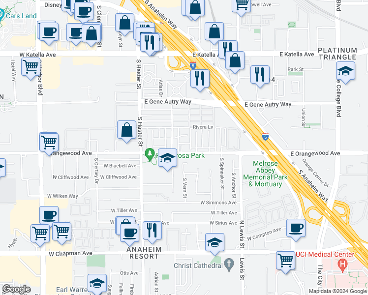 map of restaurants, bars, coffee shops, grocery stores, and more near 313 East Orangewood Avenue in Anaheim
