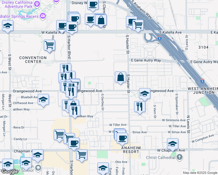 map of restaurants, bars, coffee shops, grocery stores, and more near 8A Orangewood Avenue in Anaheim