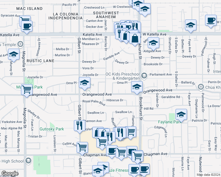 map of restaurants, bars, coffee shops, grocery stores, and more near 11441 Gardenaire Lane in Garden Grove