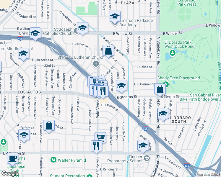 map of restaurants, bars, coffee shops, grocery stores, and more near 2214 Iroquois Avenue in Long Beach