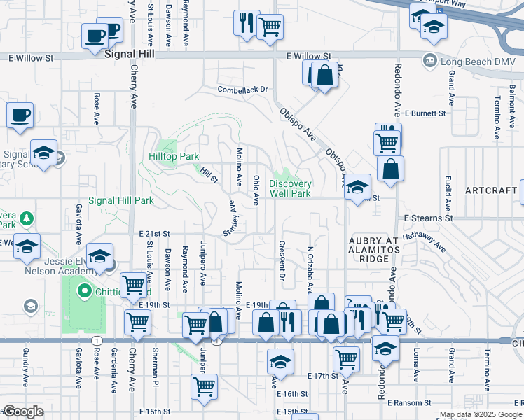 map of restaurants, bars, coffee shops, grocery stores, and more near 2164 Ohio Avenue in Signal Hill