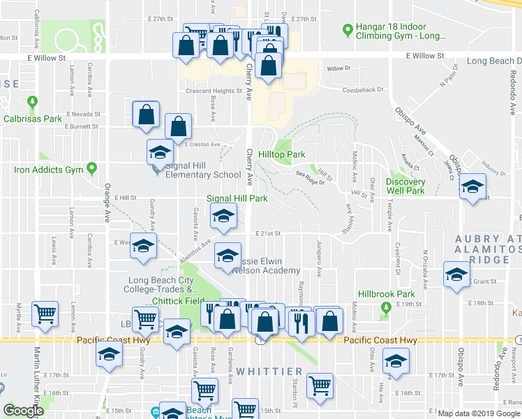 map of restaurants, bars, coffee shops, grocery stores, and more near 2120 East Hill Street in Signal Hill
