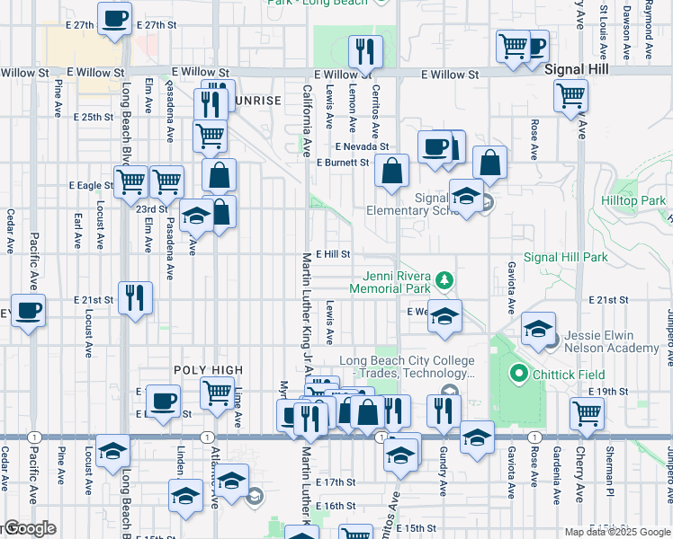 map of restaurants, bars, coffee shops, grocery stores, and more near 1051 East Salt Lake Street in Long Beach