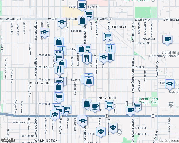 map of restaurants, bars, coffee shops, grocery stores, and more near 2162 Elm Avenue in Long Beach