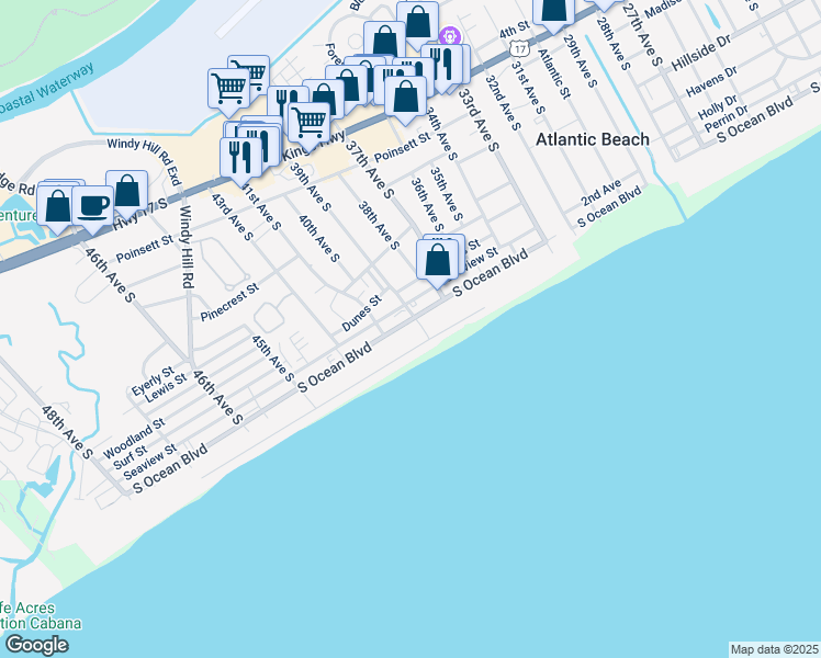 map of restaurants, bars, coffee shops, grocery stores, and more near 38005 South Ocean Boulevard in North Myrtle Beach
