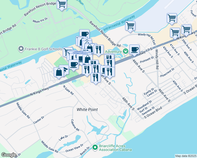 map of restaurants, bars, coffee shops, grocery stores, and more near 4903 Cinzia Lane in North Myrtle Beach