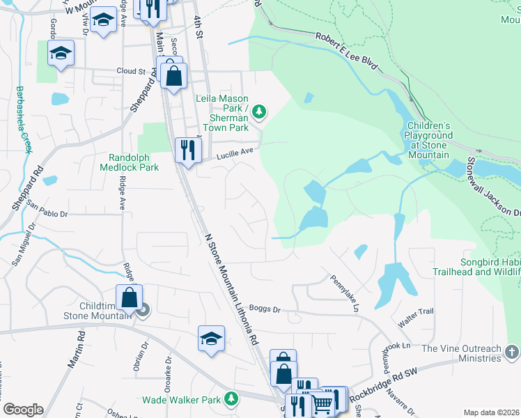 map of restaurants, bars, coffee shops, grocery stores, and more near 670 Pepperwood Lane in Stone Mountain