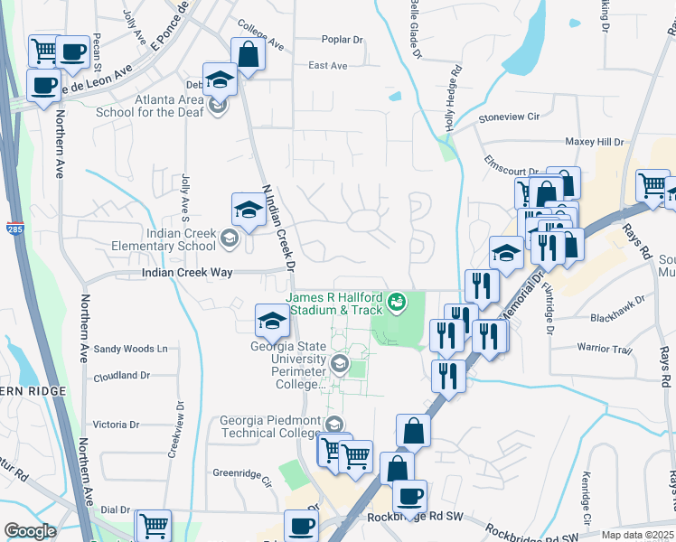 map of restaurants, bars, coffee shops, grocery stores, and more near 3816 Parklane Drive in Clarkston