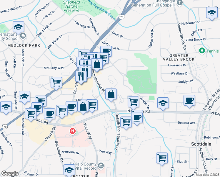 map of restaurants, bars, coffee shops, grocery stores, and more near 645 Dekalb Industrial Way in Decatur
