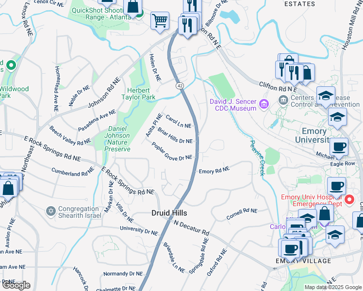 map of restaurants, bars, coffee shops, grocery stores, and more near 1245 Briar Hills Drive Northeast in Atlanta