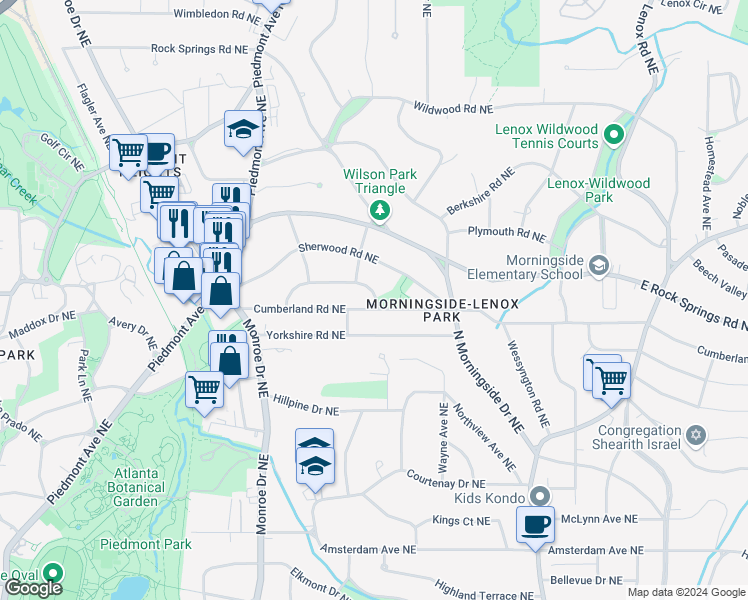 map of restaurants, bars, coffee shops, grocery stores, and more near 726 Cumberland Road Northeast in Atlanta