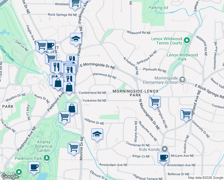 map of restaurants, bars, coffee shops, grocery stores, and more near 726 Cumberland Road Northeast in Atlanta