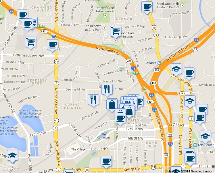 map of restaurants, bars, coffee shops, grocery stores, and more near 383 Deering Road Northwest in Atlanta