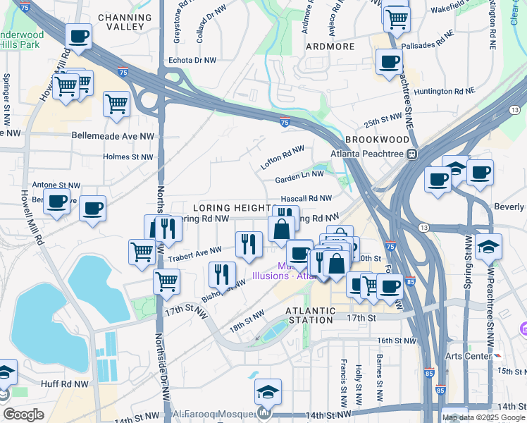 map of restaurants, bars, coffee shops, grocery stores, and more near 411 Deering Road Northwest in Atlanta