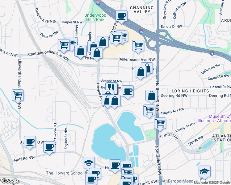 map of restaurants, bars, coffee shops, grocery stores, and more near 777 Forrest Street Northwest in Atlanta