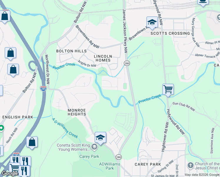 map of restaurants, bars, coffee shops, grocery stores, and more near 2913 Delray Drive Northwest in Atlanta