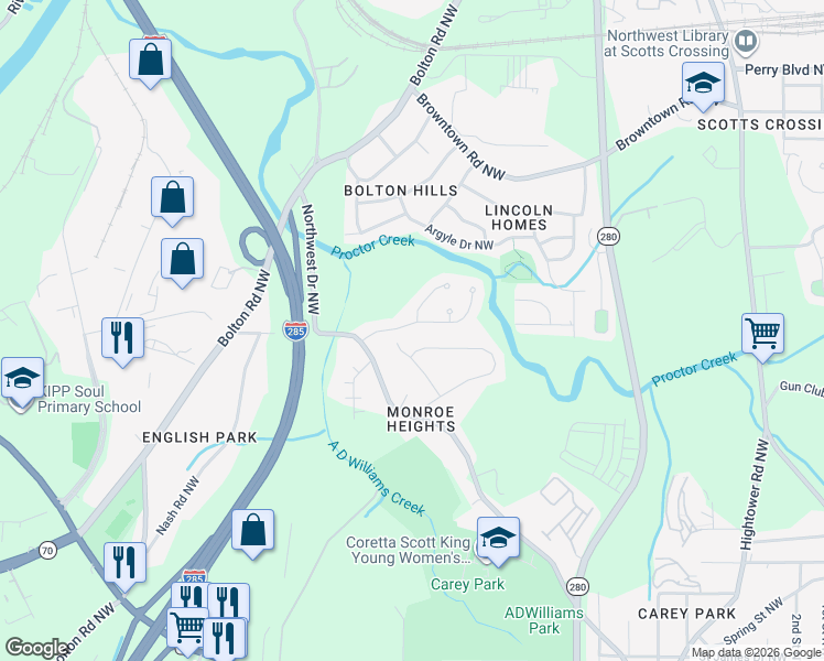 map of restaurants, bars, coffee shops, grocery stores, and more near 2822 Glenlocke Circle Northwest in Atlanta