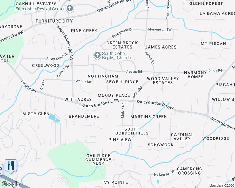 map of restaurants, bars, coffee shops, grocery stores, and more near 1632 South Gordon Road Southwest in Austell